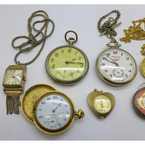 989 - Three pocket watches, including one USSR with locomotive on the case back and six pendant/fob watche... 