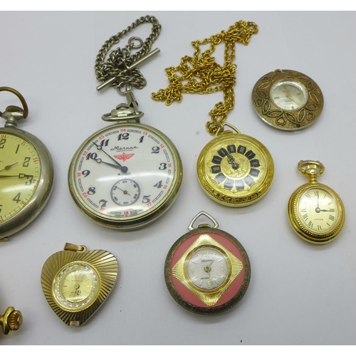 989 - Three pocket watches, including one USSR with locomotive on the case back and six pendant/fob watche... 