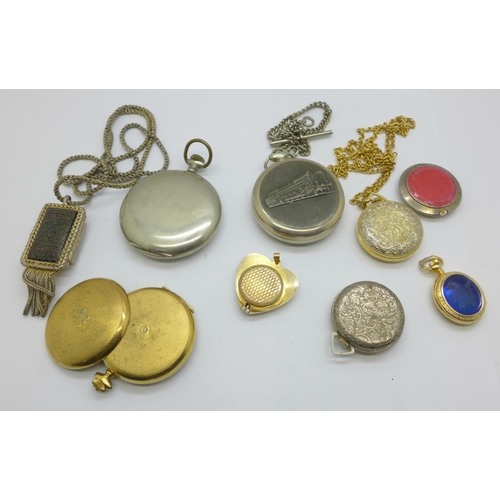 989 - Three pocket watches, including one USSR with locomotive on the case back and six pendant/fob watche... 