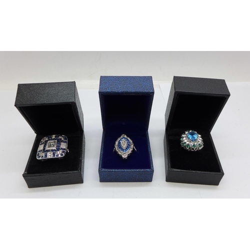 990 - Three Art Deco style dress rings, all L/M