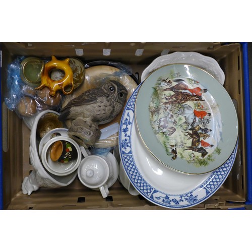 1286 - Two boxes of mixed china, two sets of collectors plates, two models of owls, jardiniere, hen egg con... 