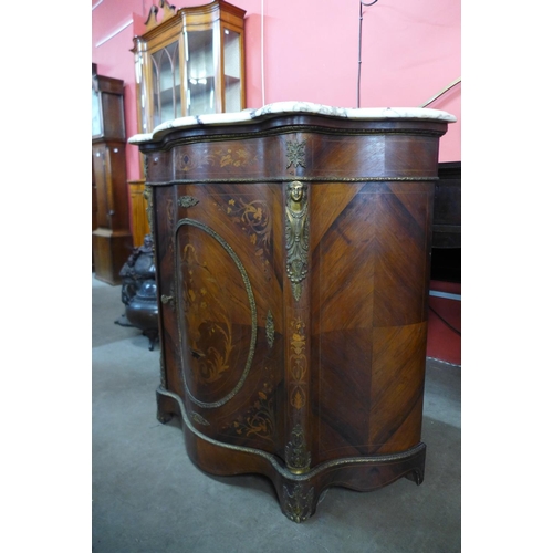 102 - A French Louis XV style inlaid rosewood, gilt metal and marble topped serpentine side cabinet, 105cm... 