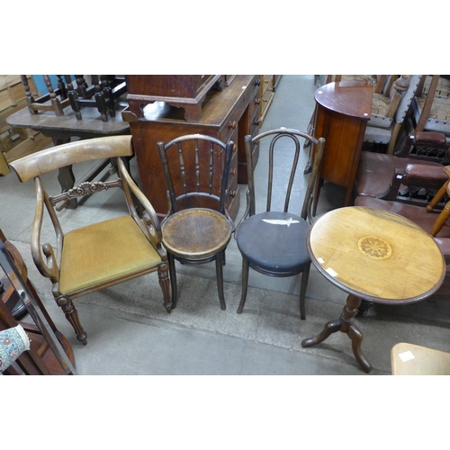 267 - Two bentwood chairs, William IV walnut armchair and a Victorian inlaid mahogany tripod table