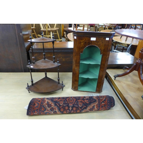 268 - A terracotta rug, burr walnut corner shelf and a mahogany whatnot