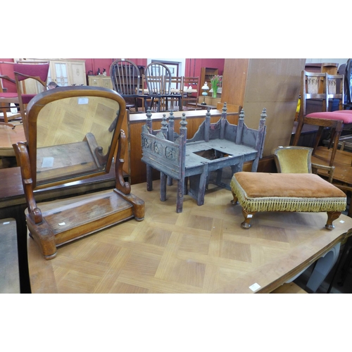 273 - An Eastern gilt stand, stool and a Victorian mahogany toilet mirror