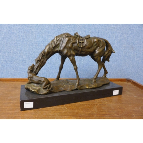 39 - A French style bronze figure of a horse and dog, on black marble plinth, 22cm h