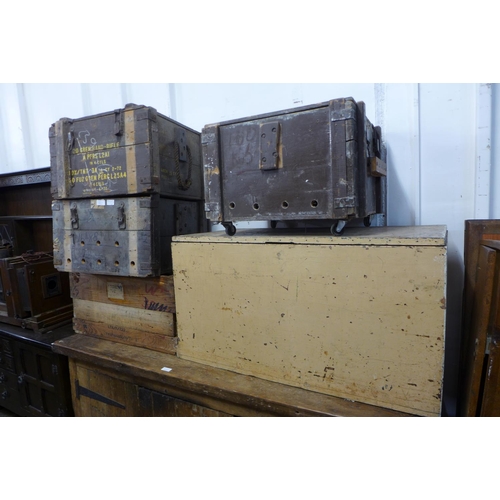 409a - A Victorian pine blanket box and four military ammunition boxes