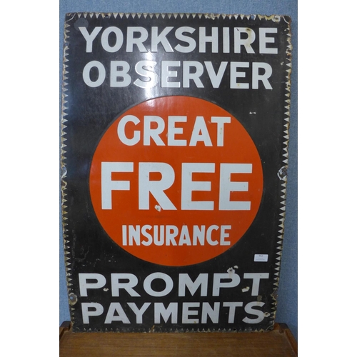 462 - An enamelled Yorkshire Observer advertising sign, 92cm x 60cm