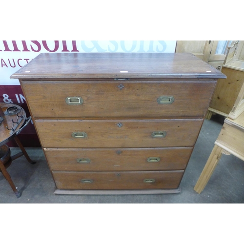 95 - A 19th Century Anglo-Indian teak military campaign secretaire chest, 105cms h, 112cms w, 45cms d.