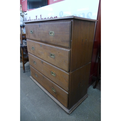 95 - A 19th Century Anglo-Indian teak military campaign secretaire chest, 105cms h, 112cms w, 45cms d.