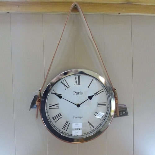 1432 - A round wall clock with leather belt strap, 33cm x 57cm (CL184112)   #