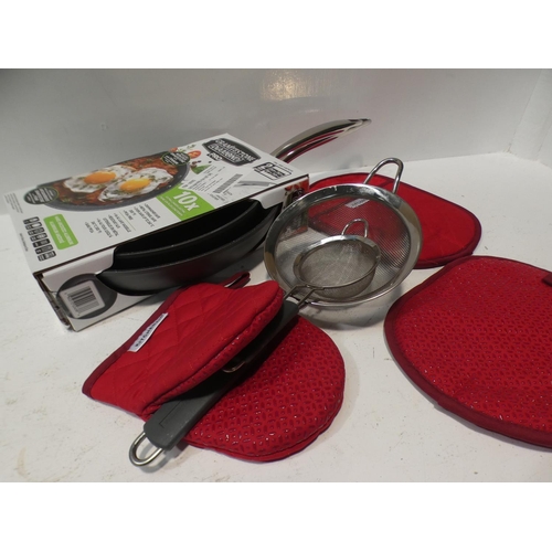 3099 - Kitchen Aid Mitt and Pot Holder Set, Tramontina Mesh Strainers and Granitestone Gotham Pro Pan Set (... 