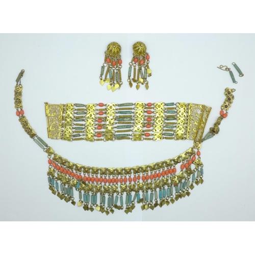 1154 - A matching bracelet, necklet and earrings set, necklet requires fastener