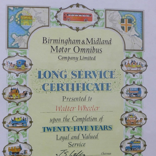 838 - Bus memorabilia; a framed Long Service certificate and two Safe Driving medallions and badge