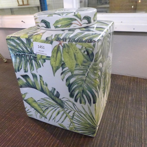 1408 - A 24cm square ceramic tropical leaf jar and cover (BP28717)   #