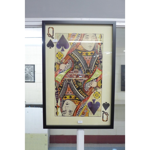 1322 - A framed and glazed Queen playing card collage print, 90 x 60cms (MP13847)   #