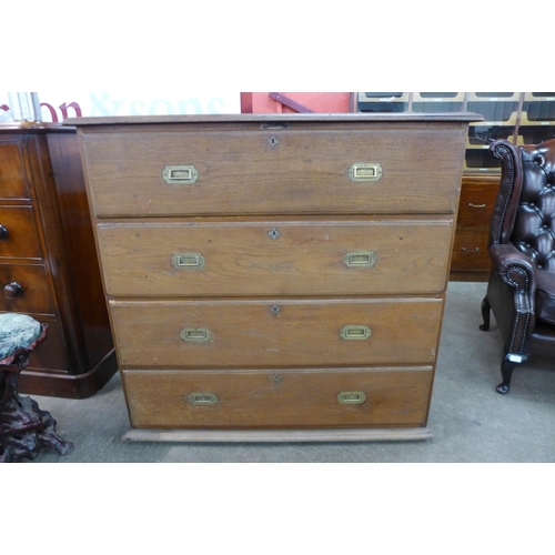 106 - A 19th Century Anglo-Indian teak military campaign secretaire chest, 105cms h, 112cms w, 45cms d