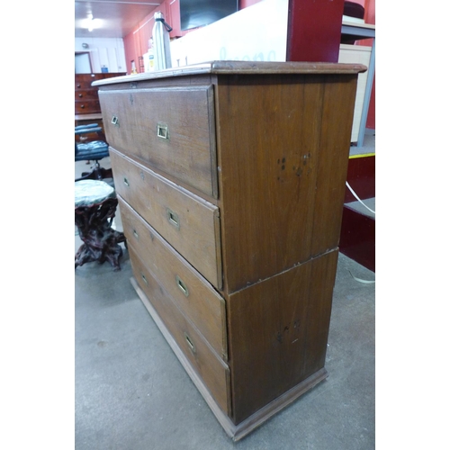 106 - A 19th Century Anglo-Indian teak military campaign secretaire chest, 105cms h, 112cms w, 45cms d