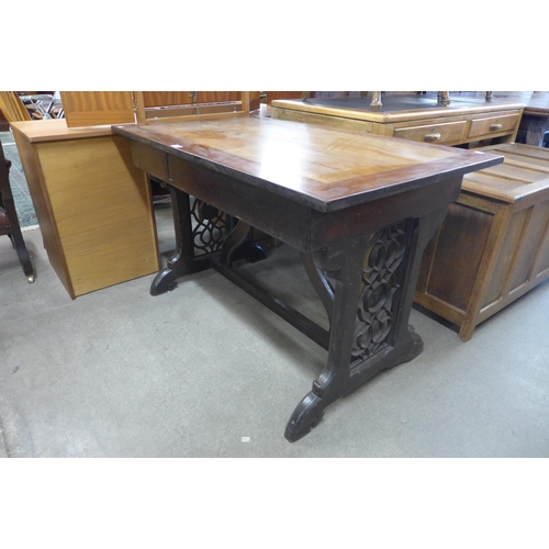 239 - A Victorian Gothic Revival oak library table (later top), 72cms h ,116cms w, 69cms d