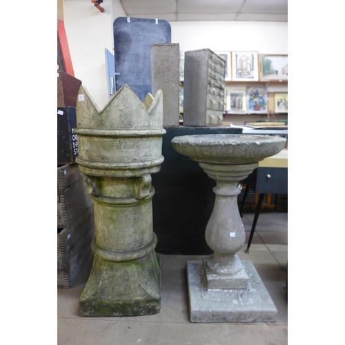 394 - A concrete crown chimney pot and pedestal bird bath