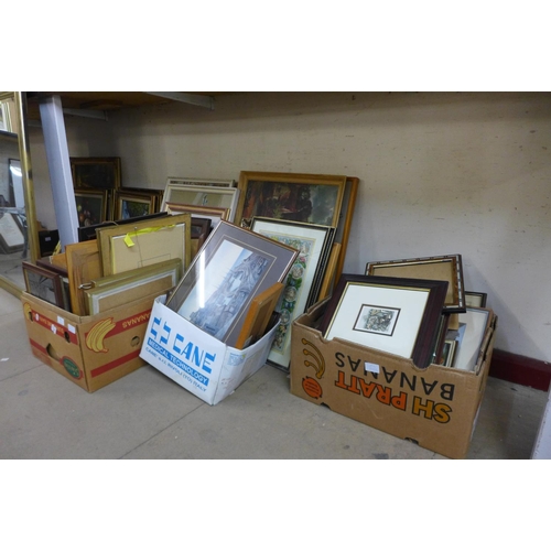 412 - Three boxes of framed prints and needleworks and other larger framed prints