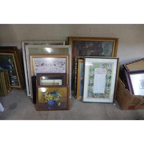 412 - Three boxes of framed prints and needleworks and other larger framed prints