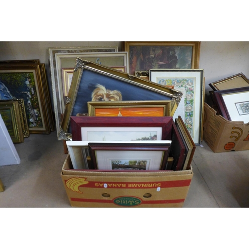 412 - Three boxes of framed prints and needleworks and other larger framed prints