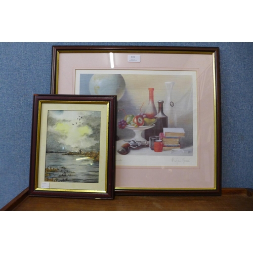 415 - A Proferio Gross print and a small coastal scene watercolour, framed