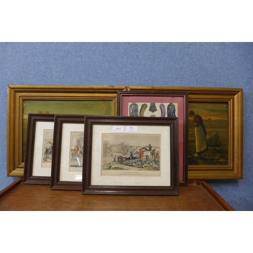 418 - A pair of 19th Century oleographs, European rural scenes, a set of three engravings and one other