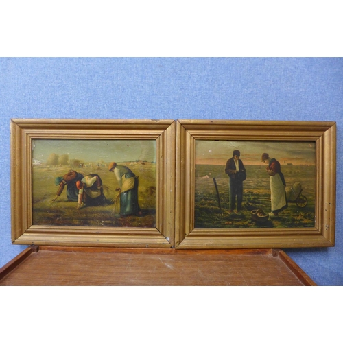 418 - A pair of 19th Century oleographs, European rural scenes, a set of three engravings and one other