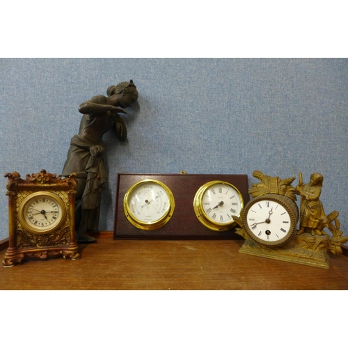 421 - A Hanson clock/barometer, two cast metal clocks and a spelter figure of a maiden, a/f