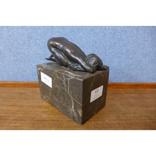 422 - An erotic female bronze sculpture on marble base, 15cms h.