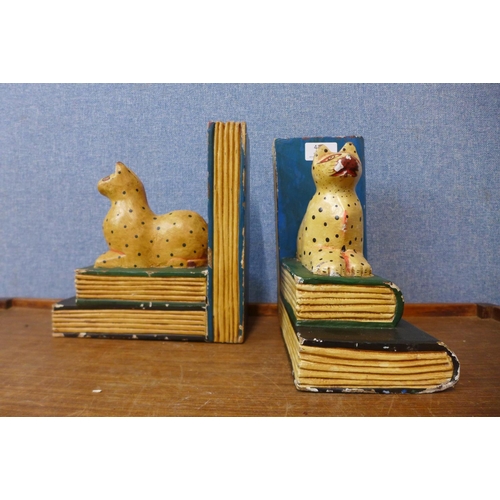 434 - A pair of hand painted carved pine bookends with cats