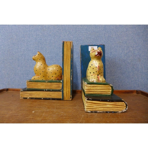 434 - A pair of hand painted carved pine bookends with cats