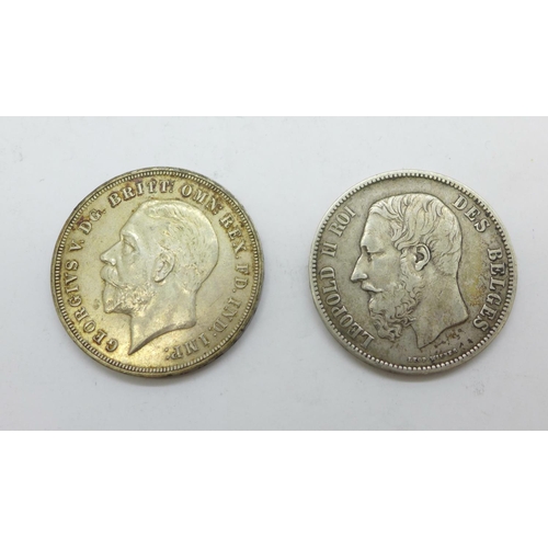 1021 - A Leopold II 1873 5 Franc coin and a 1935 crown