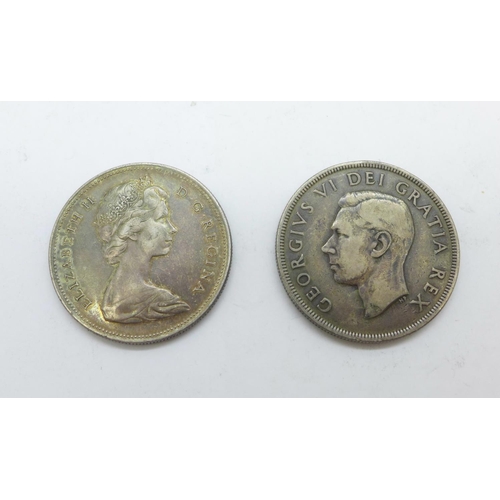 1023 - Two Canadian silver one dollar coins, 1949 and 1966