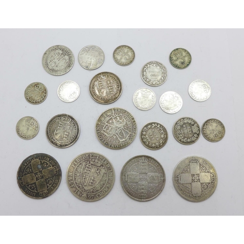 1026 - Assorted Victorian silver coins including three gothic head florins, and one George V 3d, 96.4g