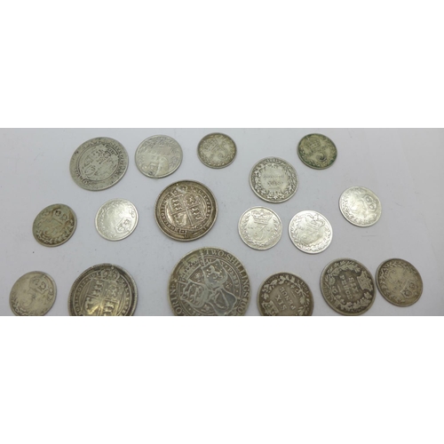 1026 - Assorted Victorian silver coins including three gothic head florins, and one George V 3d, 96.4g