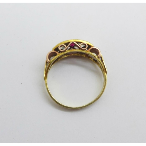 1029 - A 14ct gold, red and white three stone ring, 3g, M, marked 585