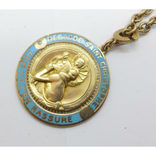 1050 - A 9ct gold and enamelled St. Christopher on a short 9ct gold chain, total weight 20.3g, bears inscri... 