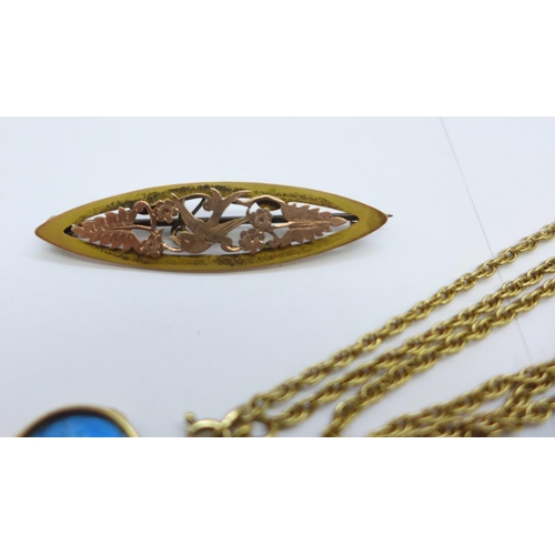 1063 - A 9ct gold brooch and a 9ct gold chain, with enamelled pendant, enamel a/f, chain and brooch 5.9g