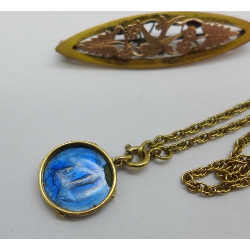 1063 - A 9ct gold brooch and a 9ct gold chain, with enamelled pendant, enamel a/f, chain and brooch 5.9g