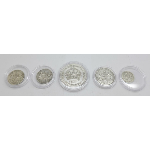 1065 - Five Australian silver coins;- George V 1931 florin, 1914 and 1922 shillings, 1926 sixpence and a Ge... 