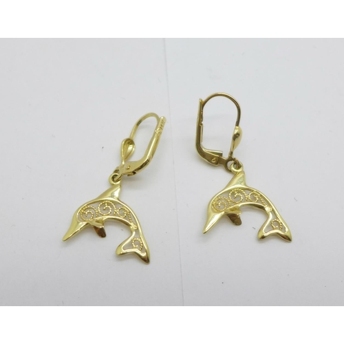 1084 - A pair of 14ct gold dolphin earrings, 2.1g