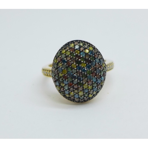 1088 - A silver gilt multi colour pave set diamond ring with diamond shoulders, P