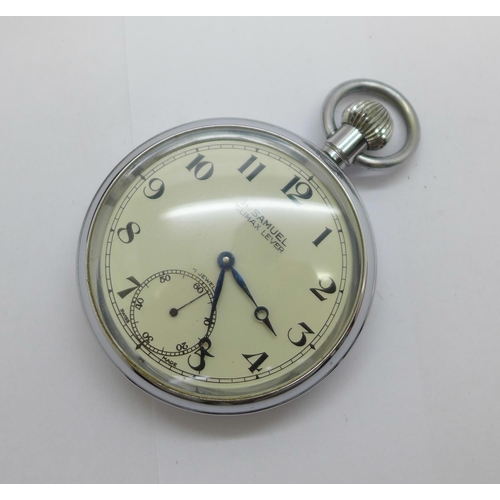 1094 - A H. Samuel chrome pocket watch and wooden stand