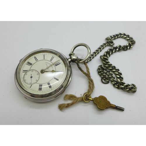 1095 - A silver cased chronograph pocket watch, William Owen, Leeds, with key marked Owen & Robinson, Leeds... 