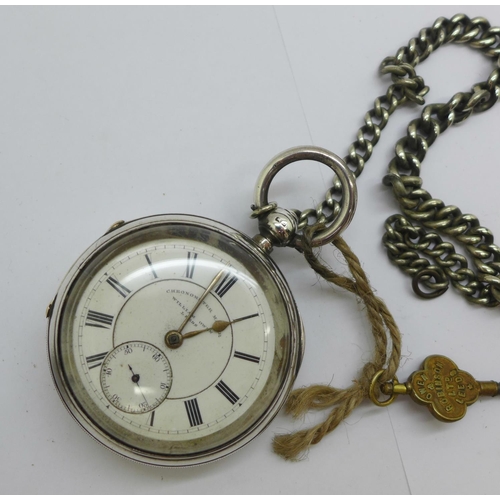 1095 - A silver cased chronograph pocket watch, William Owen, Leeds, with key marked Owen & Robinson, Leeds... 