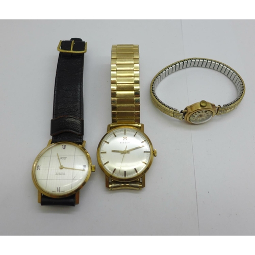 1100 - Three 9ct gold wristwatches, Tissot, Uno and a lady's Avia