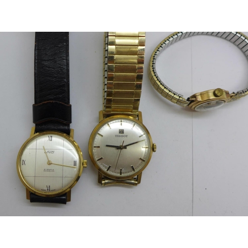 1100 - Three 9ct gold wristwatches, Tissot, Uno and a lady's Avia